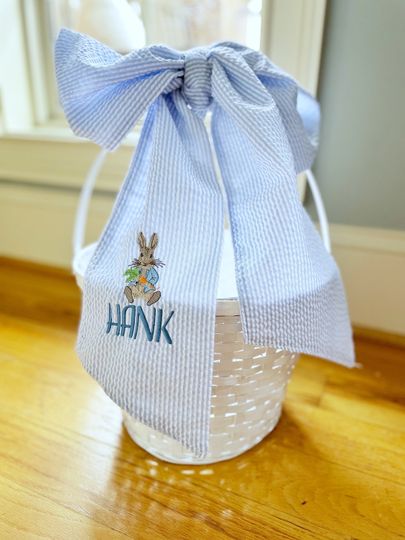 Personalized Easter Basket Seersucker Bow, Flower Girl Basket Bow, New Mom Gift Basket, Baby Girl Gift Basket, Easter Egg Hunt, Easter Bunny