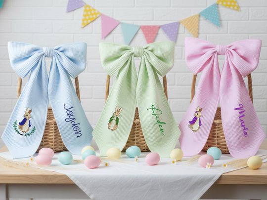 Discover Personalized Easter Basket Bow with Name, Embroidered Bunny Bow, Custom Easter Basket Decor for Kids