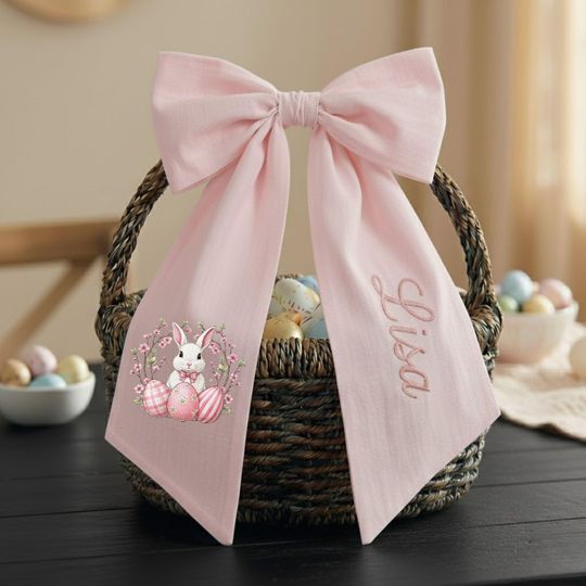 Discover Personalized Embroidered Easter Basket Bow, Bunny Monogram Wreath Bow