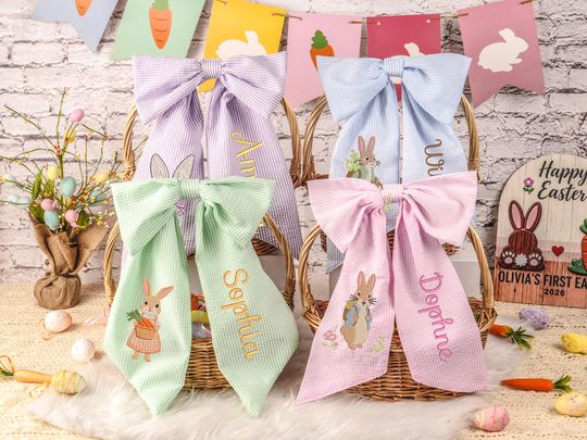 Discover Personalized Easter Basket Bow for Kids, Seersucker Bunny Name Basket Decor