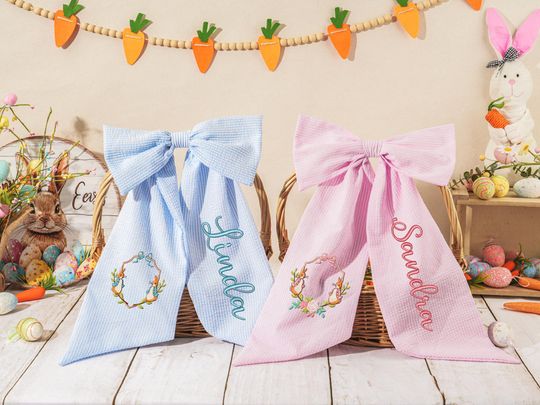 Discover Personalized Easter Basket Bow, Seersucker Bunny Embroidered Basket Handle Bow, Custom Name Kids Easter Basket Decor