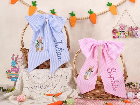 Discover Personalized Seersucker Easter Basket Bow - Custom Name & Bunny Embroidery, Easter Decor