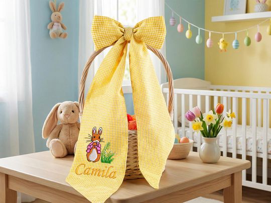 Personalized Embroidered Seersucker Easter Basket Sash, Bunny Design