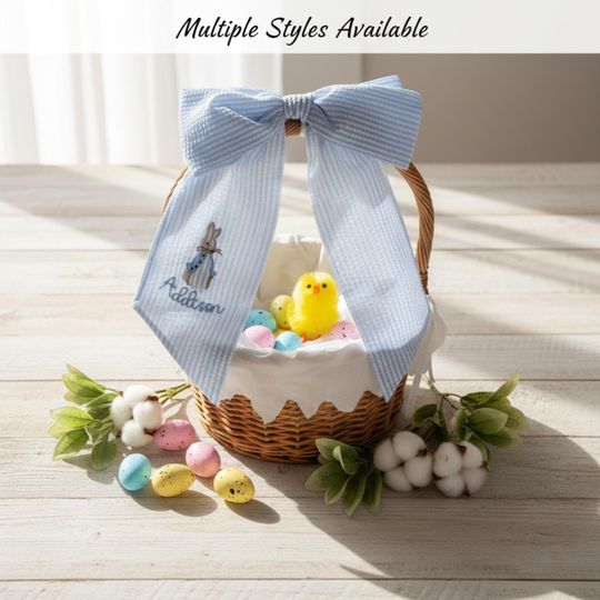 Personalized Seersucker Easter Basket Bow with Embroidered Name | Custom Monogrammed Bunny Design | Egg Hunts Gift & Spring Decorations