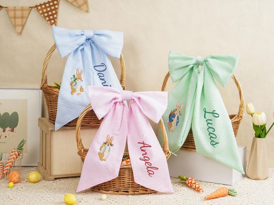 Discover Personalized Easter Basket Bow, Seersucker Embroidered Peter Rabbit Baskets Tag, Baby First Easter Gift
