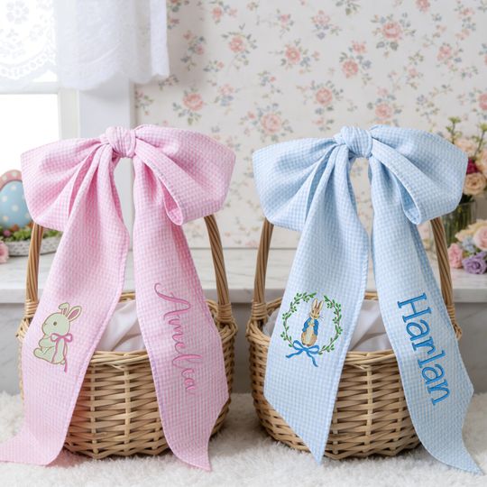 Discover Personalized Easter Basket Bow, Embroidered Easter Basket Sash, Monogrammed Seersucker Easter Basket Bow, Baby Showers Gifts