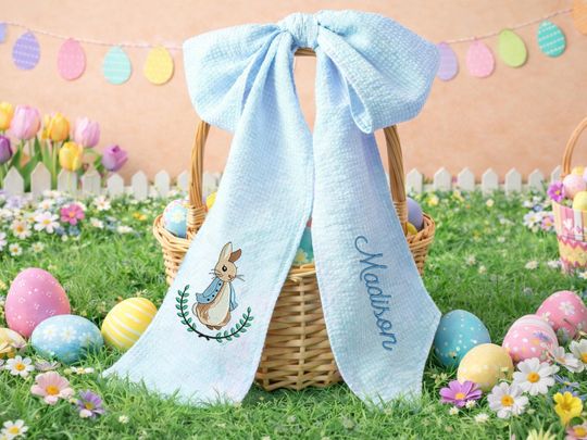 Personalized Easter Basket Bow, Seersucker Monogram, Spring Decor
