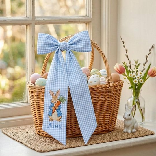 Embroidered Personalized Easter Bunny Wreath Sash, Custom Seersucker Easter Basket Bow, Spring Toile Front Door Bow, Holiday Decor