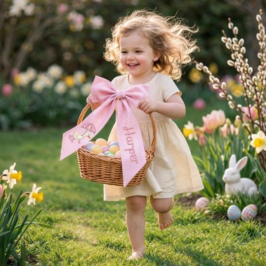 Personalized Seersucker Easter Basket Bow, Monogrammed Bunny Bow Easter Basket Decor, Kids Gift, Spring Bunny Accessory