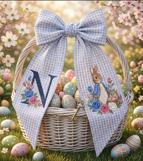Embroidered Custom Monogram Easter Wreath Sash, Personalized Bunny Basket Bow With Name, Spring Toile Front Door Bow