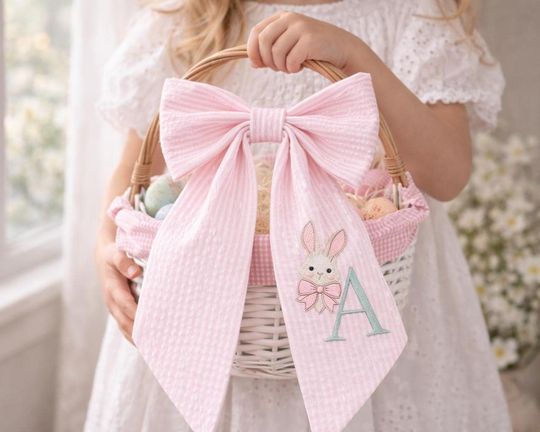 Personalized Easter Basket Bow, Embroidered Monogrammed Bunny Design, Seersucker Bow Decoration, Easter Gift Basket Bow