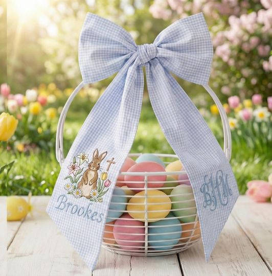 Personalized Easter Basket Sash, Embroidered Bunny Floral Cross Bow, Gingham Wreath Ribbon, Baby First Easter Gift, Custom Monogram Sash