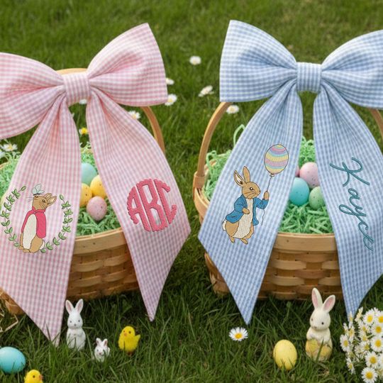 Personalized Easter Basket Bow with Embroidered Name, Monogrammed Seersucker Easter Basket Bow, Bow with Name or Monogram, Gift For Mom