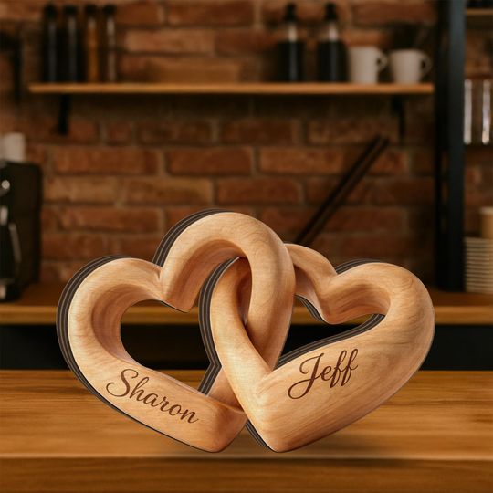 Personalized Wooden Heart Couple Decor, Interlocking Names Anniversary Gift