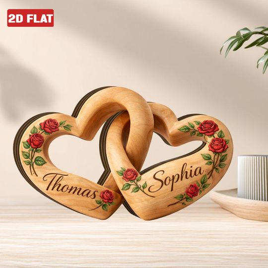 Personalized Wooden Heart Couple Decor, Couple Infinity Heart Wood Block Sign, Romantic Couple Keepsake Plaque 2D FLAT, Anniversary Gift Her