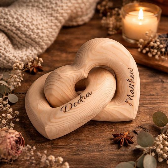 Discover Personalized Anniversary Gift for Her or Him, Infinity Heart with Couple Names, Custom Engraved Wooden Keepsake