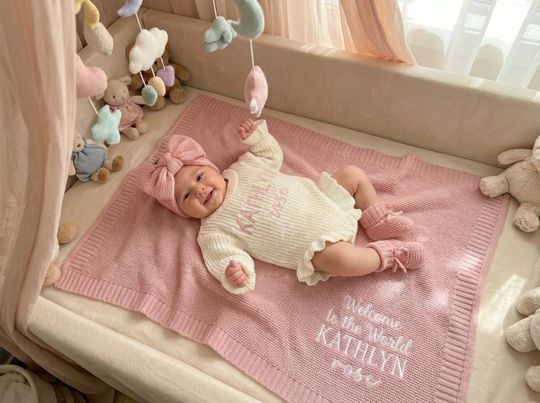 Personalized Embroidered Baby Outfit Set with Blanket, Knit Romper, Coming Home Gift Welcome to the World