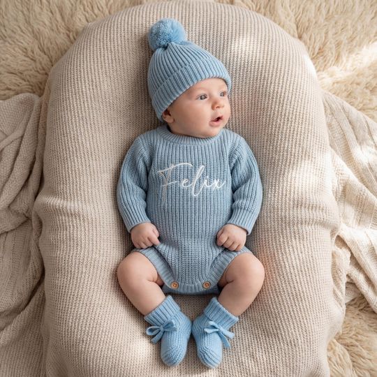 Embroidered baby Frill Leg Knit Romper - Custom Christmas Gift for baby girls