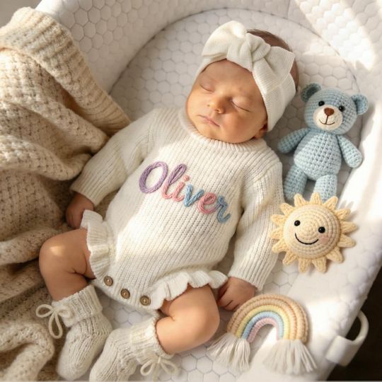 Custom Hand Embroidered Baby Romper, Personalized Name Outfit, Coming Home Baby Gift