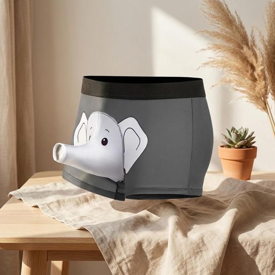 Men's Elephant Print Boxer Briefs Funny Cartoon Boxers Comfortable Breathable Underwear for Men, Halloween Gift Stretch Boxer Shorts Grey