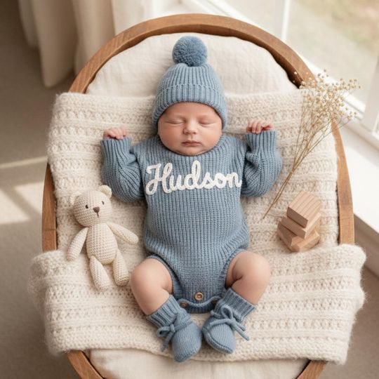 Custom Baby Name Romper, Hand-Embroidered Newborn Romper Set, Coming Home Outfit, Baby Shower Gift