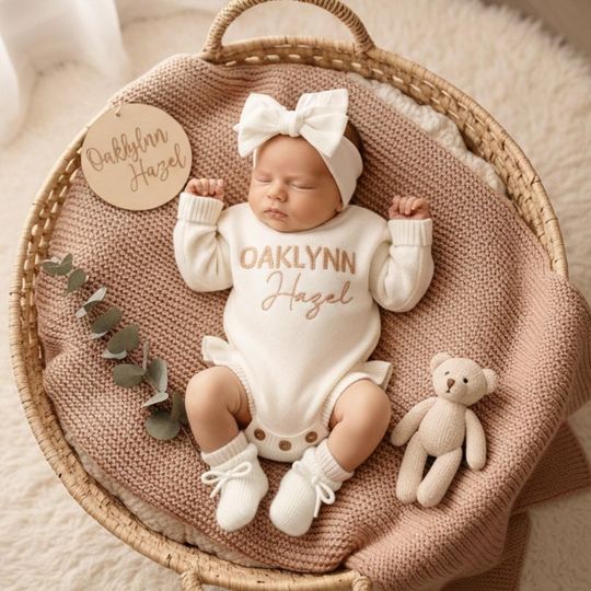 Custom Baby Name Romper, Embroidered Newborn Ruffle Romper Set, Knitted Baby Outfit, Coming Home Outfit
