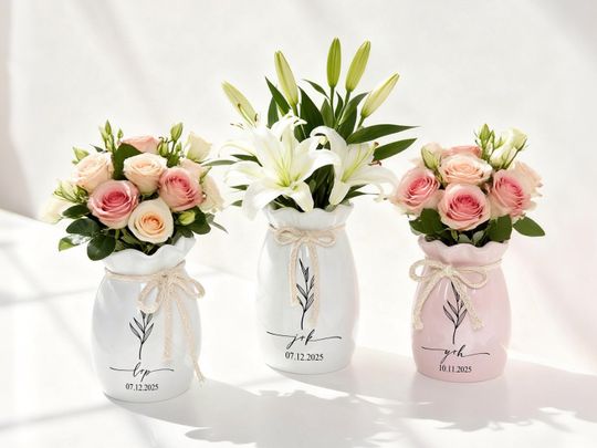 Personalized Ceramic Wedding Flower Vase with Name and Date