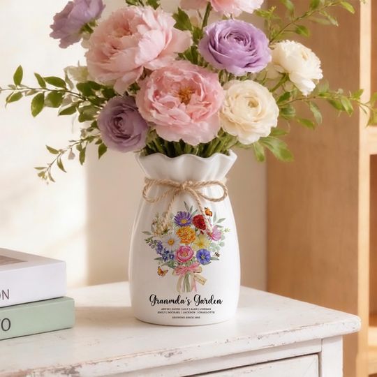 Ribbon Tie Ceramic Flower Vase - Personalized Grandma's Garden, Birth Flower Gift for Mom, Nanny, Grandma for Mother’s Day and Birthday