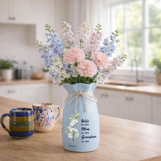 Personalized Ceramic Flower Vase with Birth Month Flowers and Name - Mother's Day Gift for Mom and Grandma
