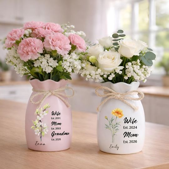 Discover Personalized Ceramic Flower Vase, Custom Birth Month Flower with Name, Mother's Day, Gift For Mom, Present For Grandma