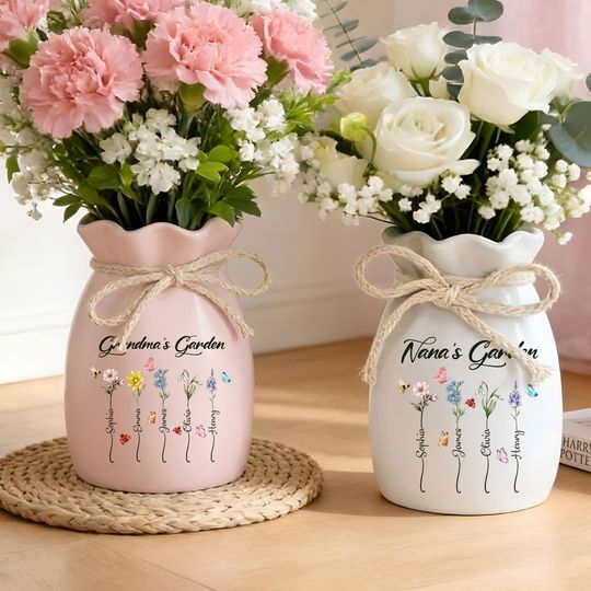 Personalized Ceramic Flower Vase with Birth Month Flower and Name for Mother's Day and Gift for Mom