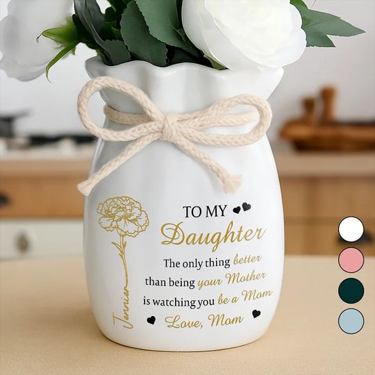 Personalized Ceramic Vase for Daughter, Custom Birth Flower Name Home Decor
