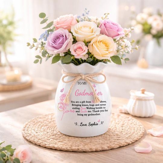 Ribbon Tie Ceramic Flower Vase – Personalized Gift for Mother, Birth Flower Vase, Mothers Day Gift from Kids