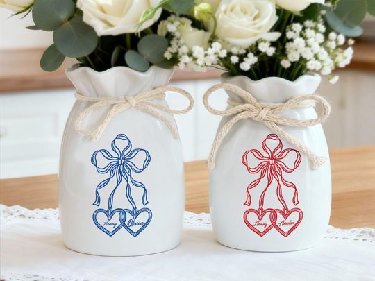 Ribbon Tie Ceramic Vase for Weddings and Engagements, Custom Heart Bow Centerpiece