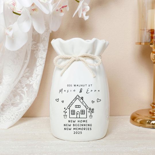 Ribbon Tie Ceramic Flower Vase – Personalized Gift for New Home Owners and Couples