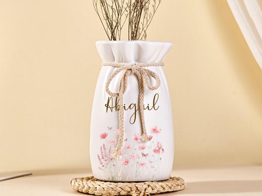 Discover Personalized Ceramic Flower Vase, Custom Gift for Mother grandma, Christmas gift decor, Floral Birthday Creamic Vase, 9th anniversary gift