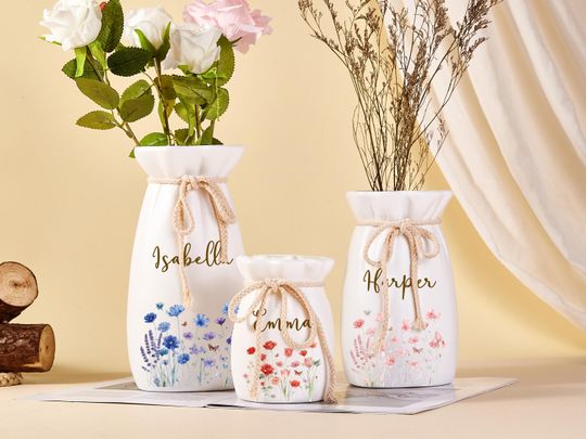Personalized Ribbon Tie Ceramic Flower Vase for Gift, Decor, and Anniversary Celebration