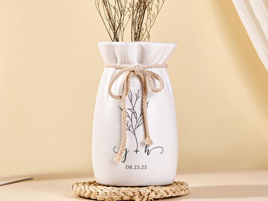 Personalized Ribbon Tie Ceramic Flower Vase for Weddings and Anniversaries