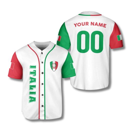 Italy Custom Baseball Jersey Shirt, Personalized Name & Number, White Button Up Italia Flag Design