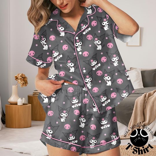 Kuromi Pajamas Set, Kawaii Goth Cartoon Sleepwear, Cute Skull Pajamas, Anime Lounge Set, Cozy Kuromi PJs
