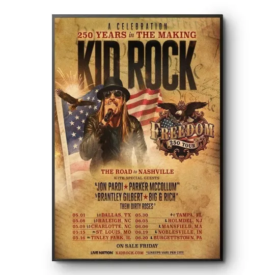 Discover Kid Rock Freedom 250 Tour 2026 Poster – Road to Nashville Country Rock Wall Art
