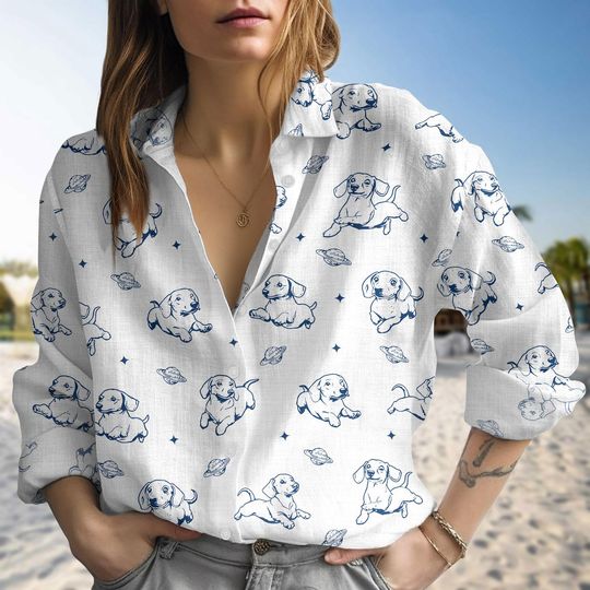 Discover Dachshund In Space Blouse Shirt, Dog Lover Shirt For Women, Dog In Space Long Sleeve Shirt, Pet Lover Blouse Shirt, Dachshund Love Shirt
