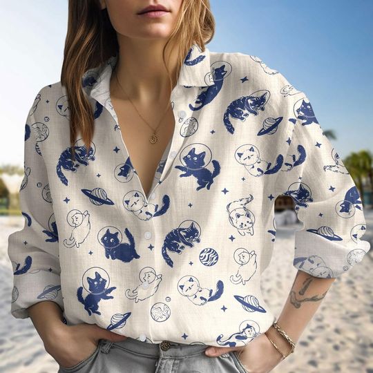 Discover Cat In Space Blouse Shirt, Shirt For Women, Pet In Space Men Shirt, Cute Pet Shirt For Women, Animal Lover Long Sleeve Shirt