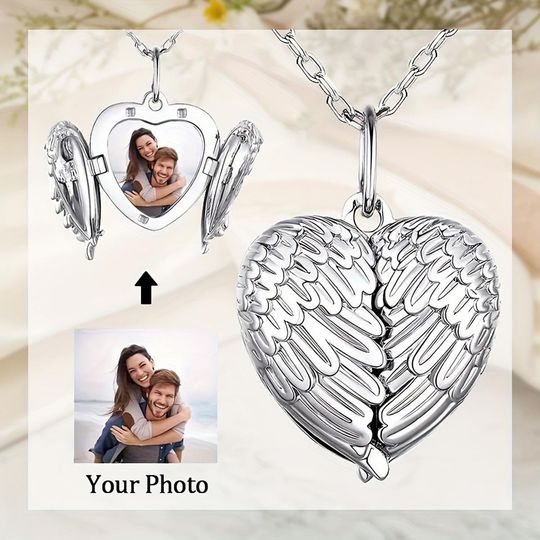 Discover Personalization Photos Locket Necklace, Custom Gifts, Angel Wings Heart Locket Necklace, Elegant Jewelry Feather Heart Pendant