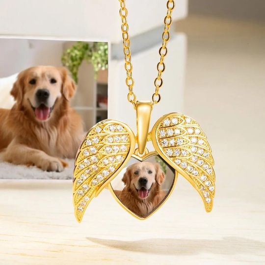 Custom Dog Locket Necklace with Angel Wings Heart Sterling Memorial Jewelry for Dog Mom