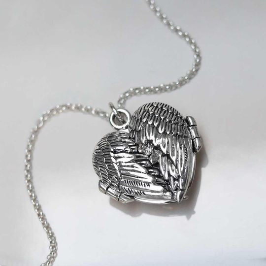 Sterling Love Wings Locket Necklace  Angel Wing Heart Locket  Keepsake Photo Pendant Gift for Her Memorial Jewellery