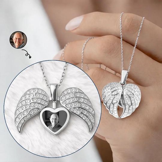 Custom Photo Memorial Necklace, Personalized Hidden Message Angel Wings Pendant, Sympathy Gift for Loss of Loved One, Bereavement Jewelry