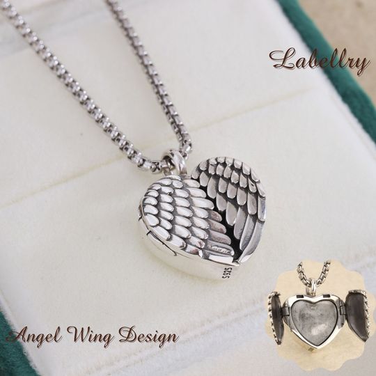 925 Sterling Silver Heart Urn Necklace for Ashes, Personalized Angel Wing Photo Locket Necklace, Cremation Jewelry, Pet Memorial Gift