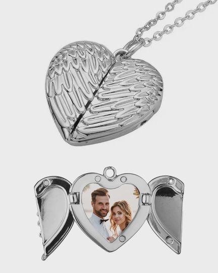 Personalized Photo Heart Locket Necklace with Angel Wings