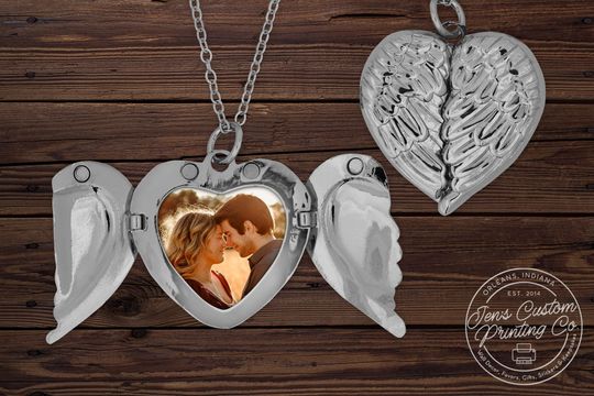 Personalized Photo Locket Necklace: Heart & Angel Wings - Valentine's Gift